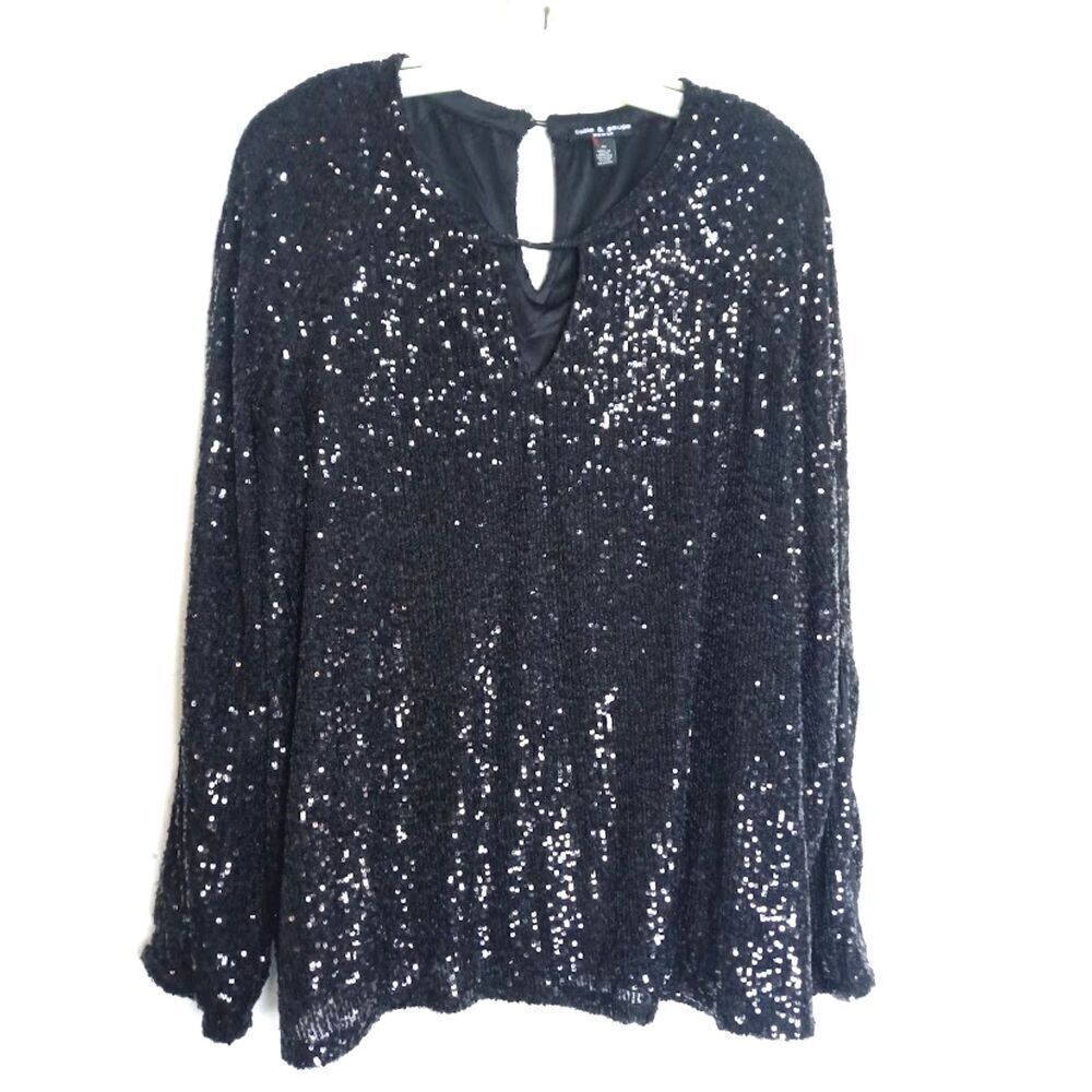 Cable & Gauge Women Black Sequins Keyhole V-Neck Spilt Long Sleeves Blouse sz 3X